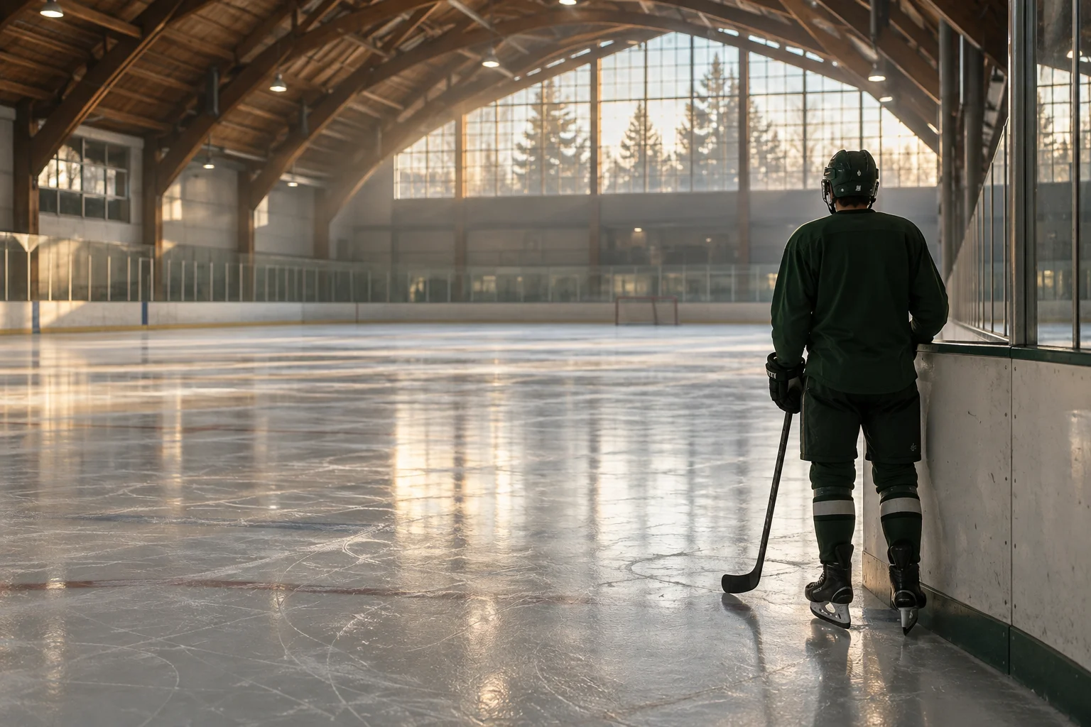 Illustrative image of a hockey player looking across a quiet, sunlit rink